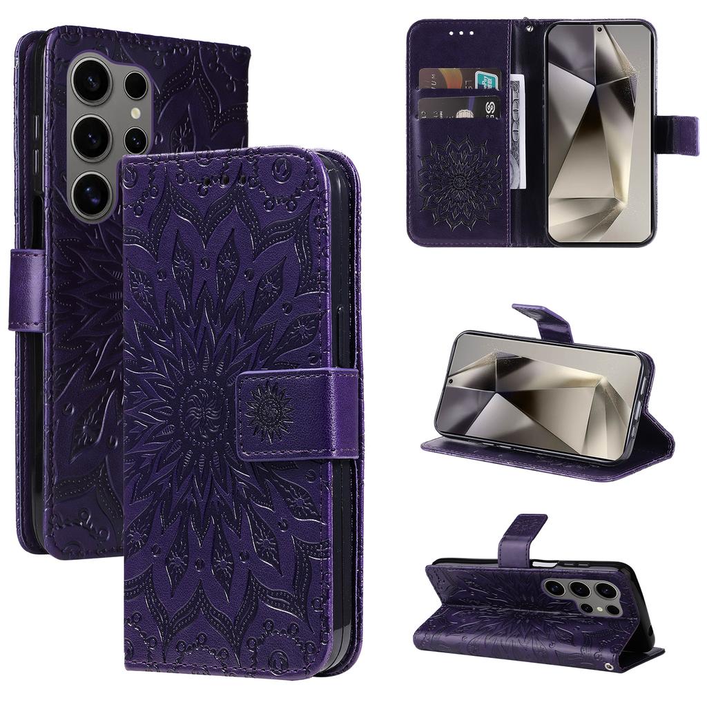 For Samsung Galaxy S25 Ultra Phone Case Sunflower Imprinted Leather Wallet Stand Cover with Strap