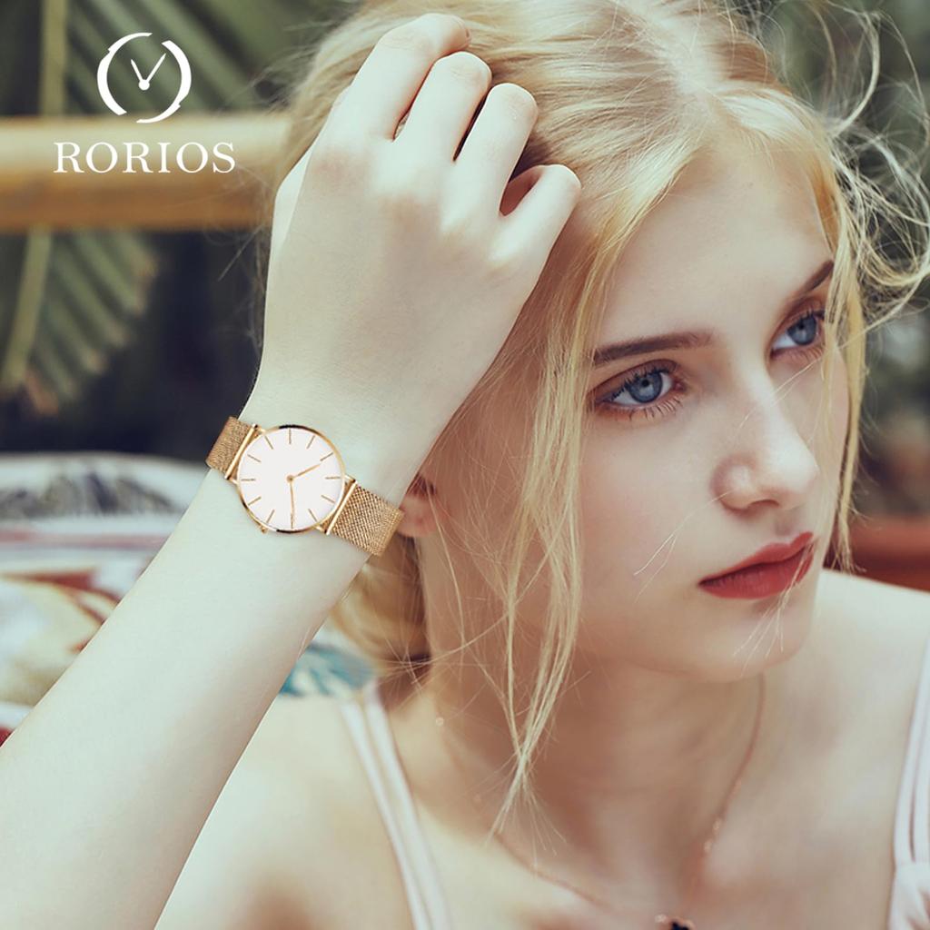 RORIOS Women's Watch Simple Analog Water Resistant Japanese Quartz Mesh Band Stylish Casual Commute School Watch for Women White D
