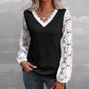 Loose Long Sleeve V Neck Lace Patchwork T Shirt Top Women Casual Tee