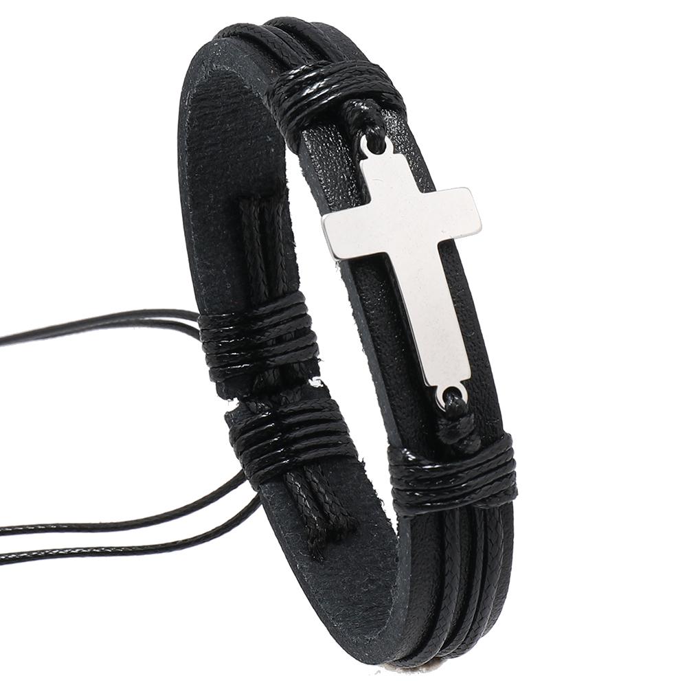 2023 New Design Stainless Steel Cross Bracelet Woven Leather Bracelet  Charm Men Jewelry чёрный