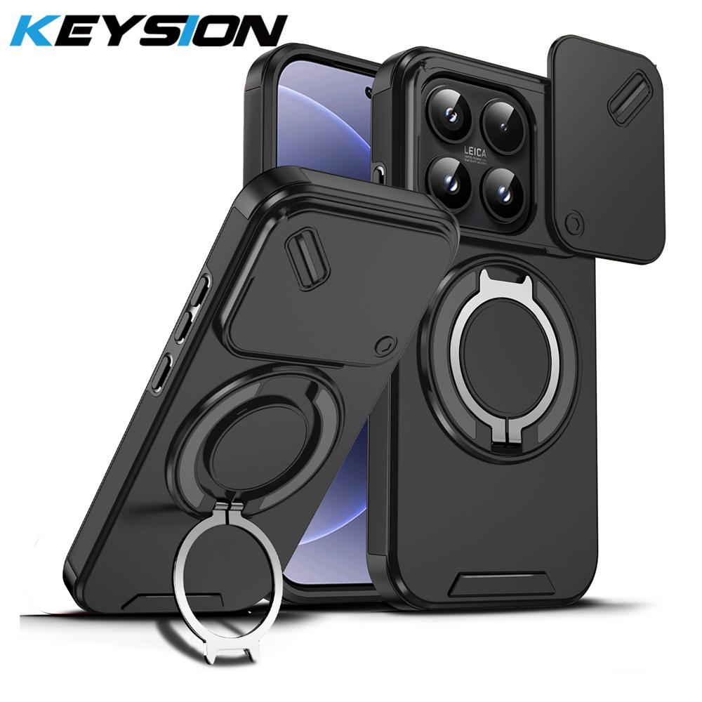 KEYSION 360° Rotating Ring Stand Phone Case for Xiaomi 17 Slide Camera Protection Magnetic Shockproof Back Cover for Xiaomi 17 for Xiaomi 17 чёрный