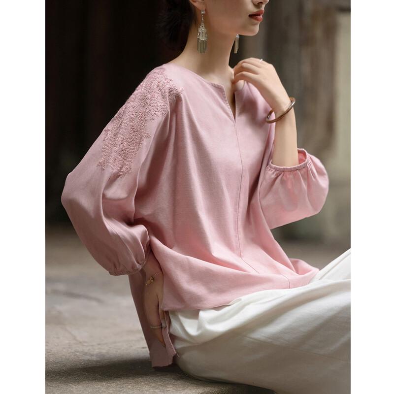 Women s Embroidered Linen Blend 3/4 Sleeve Pullover Shirt M