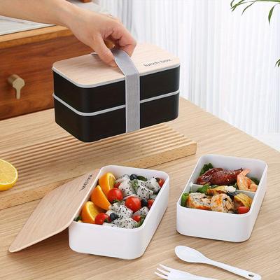 1pc Ins Wooden Double-layer Lunch Box - Nordic Style Plastic Bento Set with Cutlery - Portable for Student & Office Workers