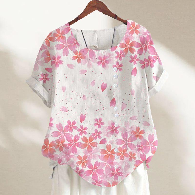 

Летняя женская одежда больших размеров в стиле ретро, с художественным принтом растений и ромашек, свободная футболка с коротким рукавом в стиле Гонконга, тренд L-4XL 2519 Pink Five Leaves 2XL(Plus size)