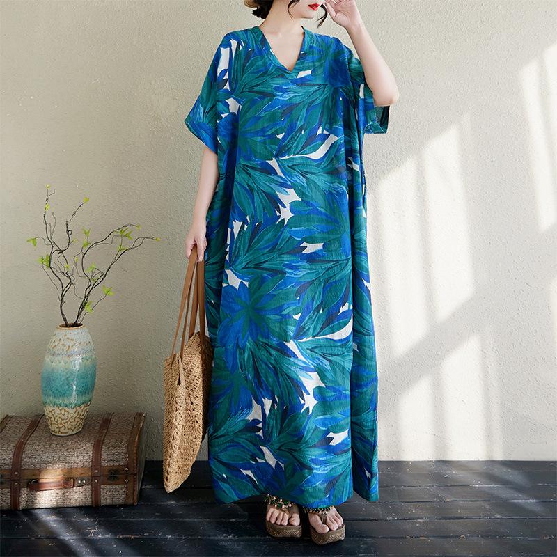 Cotton and linen printed round neck loose large size long sleeve fat MM plus fat plus size fake literary retro dress