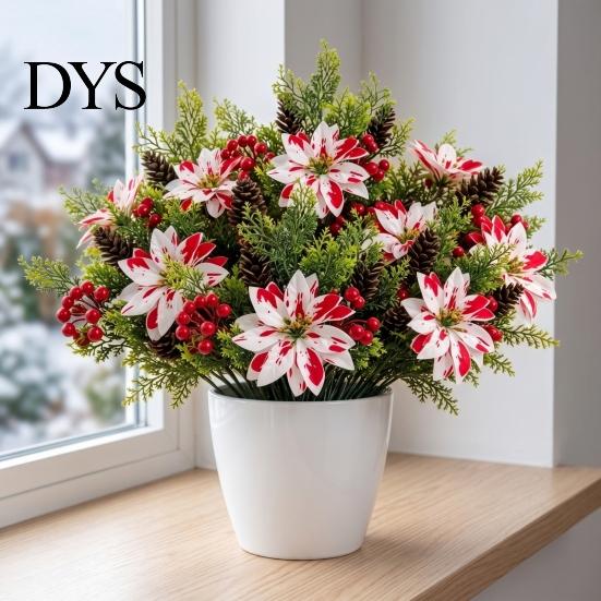 Faux Silk Christmas Blooms 5 Heads Artificial Poinsettia Flowers, Fake Pine Berry Decoration, Home Interior Floral Accents Fade-Resistant Red