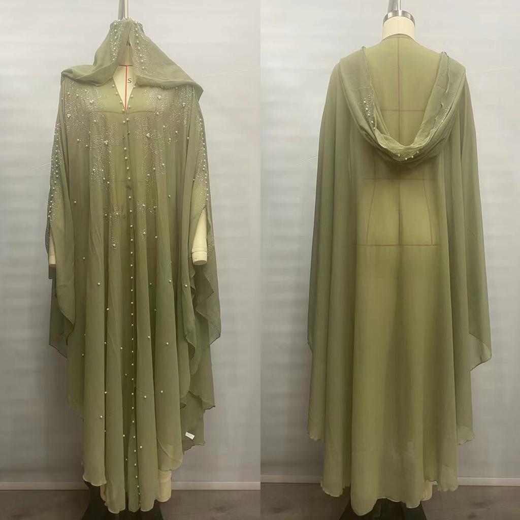 Womne Muslim Dress Embroidered Beads Abaya Dress Muslimah Hooded Robe Chiffon Kaftan Long Dress Middle East Africa Plus Size Maxi Dress