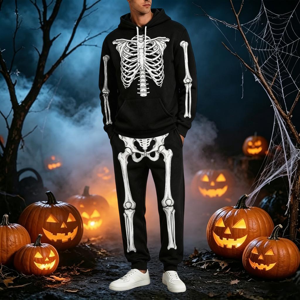 Men's Funny Skeleton Hoodie Halloween Costume Set with Long Sleeve Pullover and Pants