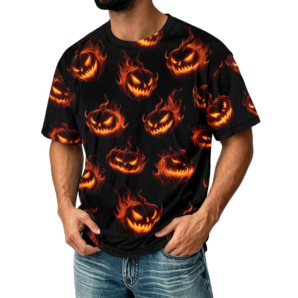 Men's Casual Corduroy Short Sleeve T-Shirt Lightweight Breathable Round Neck Halloween Pumpkin Print Top Comfortable Fit