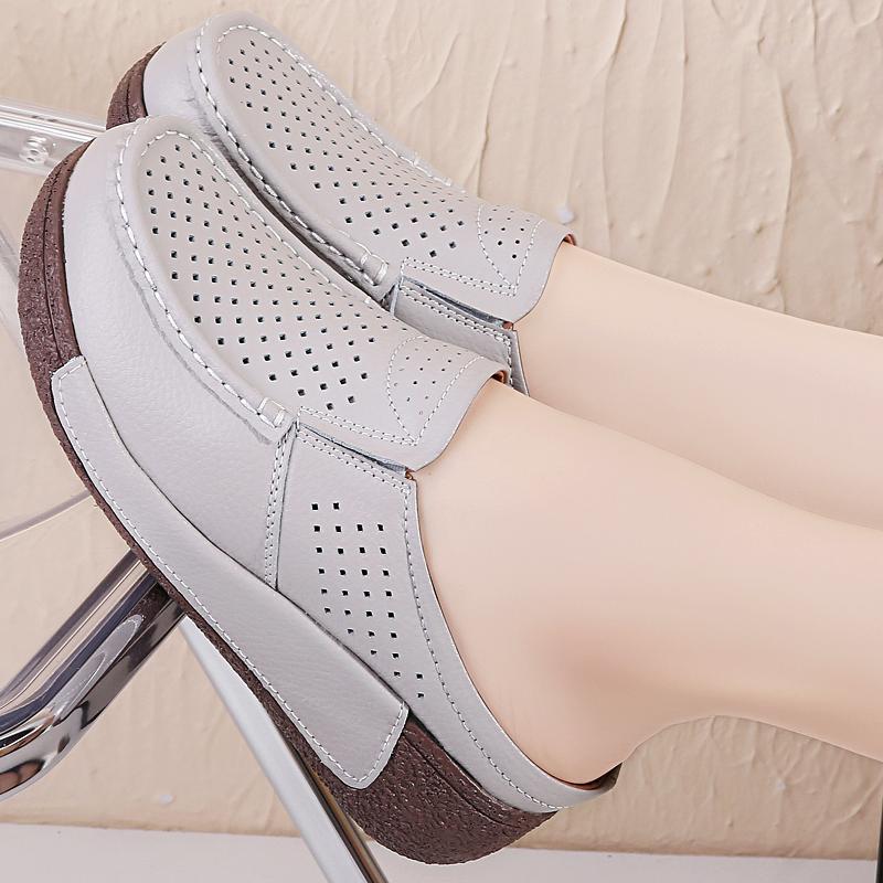 Ladies Platform Loafers Casual Elegant Black Cow Leather Women White Thick Sole Shake Shoe