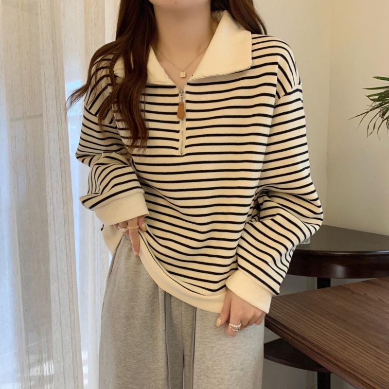 Polo collar autumn and winter new pullover sweater women's small short striped lapel neck long-sleeved knitted sweater