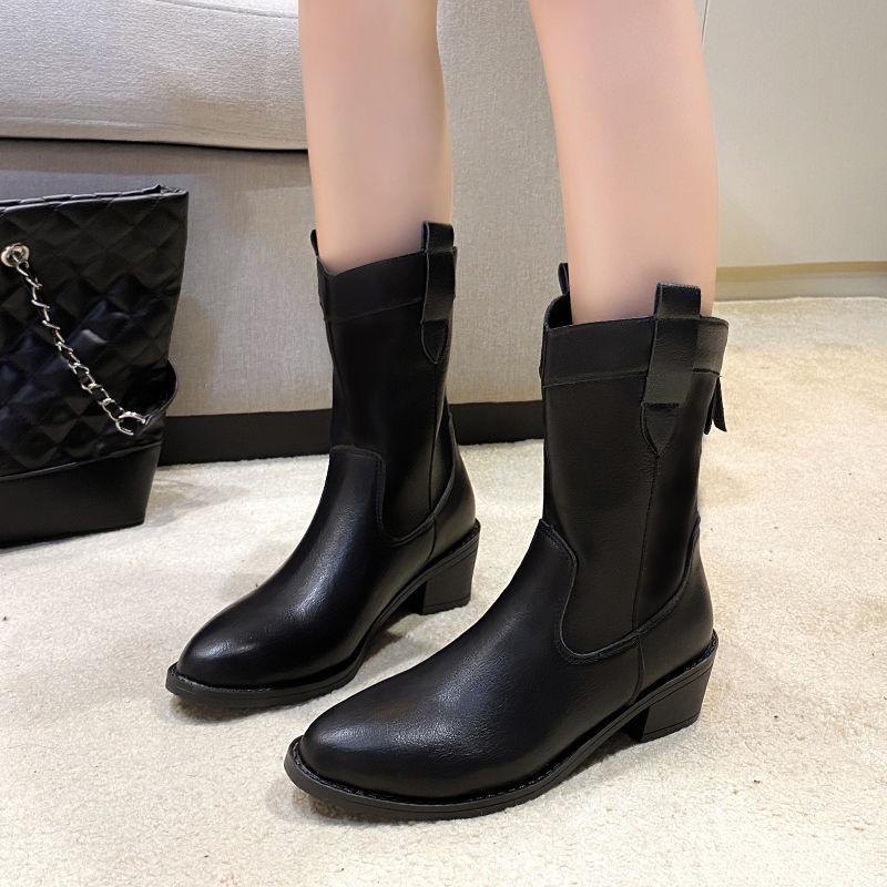 2025 Autumn and Winter New Medium Boots Thick Heel Pointed British Retro Western Boots Fashion Thin Boots Knight Boots Tide