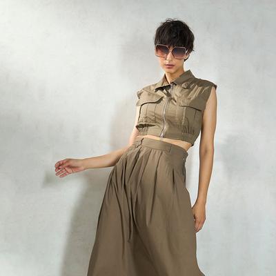 Virgio Women Crop Length Sleevless Regular Fit Shirt Collar Top