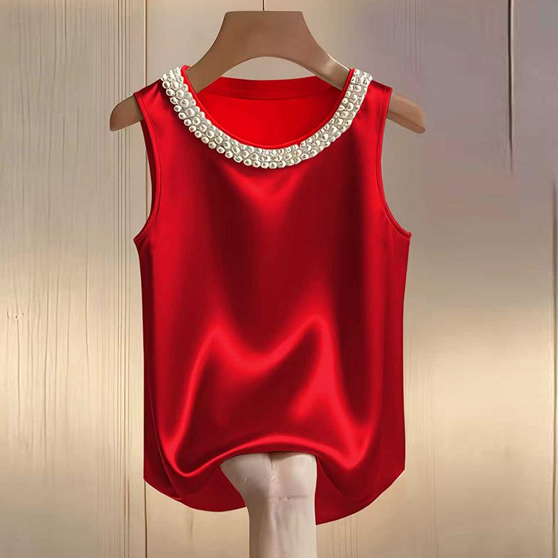 Elegantes Satinhemd Damen Sommer Perlendesign Seidenbluse Damen T-Shirts Lockere Weste Damen Tanktops Damen T-Shirt