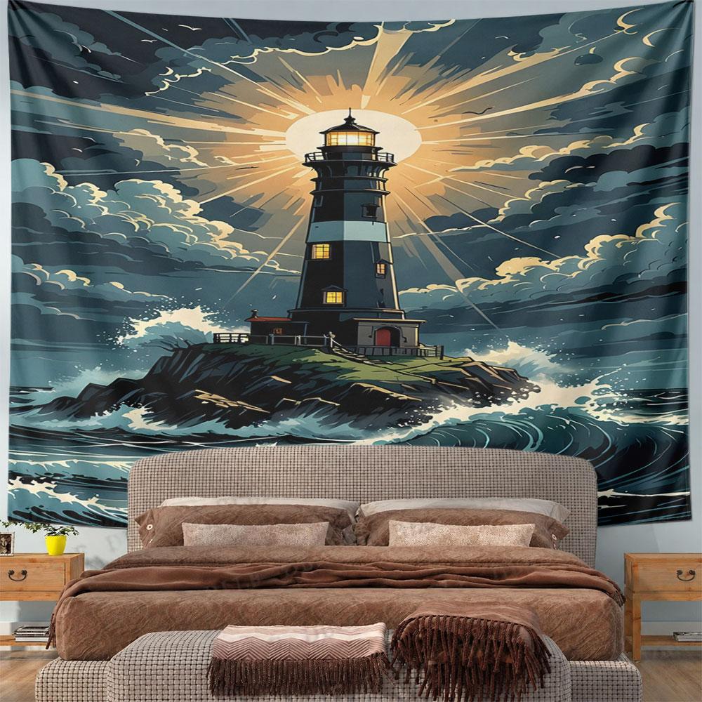 Lighthouse Amidst Stormy Waves Pattern Wall Hanging Tapestry Decorative Tapestry Home Decor for Bedroom and Living Room