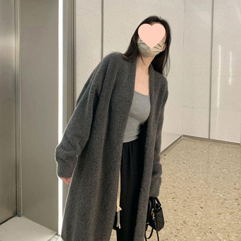 Women's Gray Oversized Knit Sweater Coat: Mid-Length, Over-the-Knee, Autumn/Winter, Thickened Lazy Style.