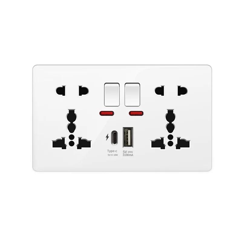 White UK Plug 13A with USB Panel UK Socket Panel, International Universal USB Mobile Phone Charging Socket, with LED Light