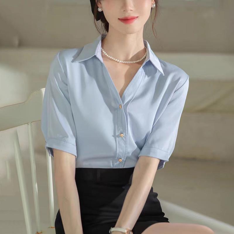 Women's Blue V-Neck Short Sleeve Professional Shirt for Interviews and Workwear