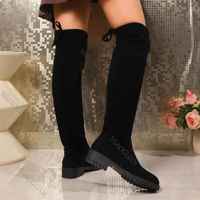 Fashion Over-the-knee Stretch Boots Black Suede Autumn Women Shoes Casual Thick Middle Heel Long Botas Lace Up Round Toe Bota Feminina