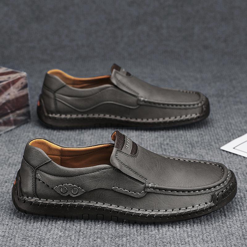 Stora Storlekar Handstygn Herrskor Utomhus Fritidsskor med En Fot Platta Läderskor Låg Topp Stora Storlekar Leo