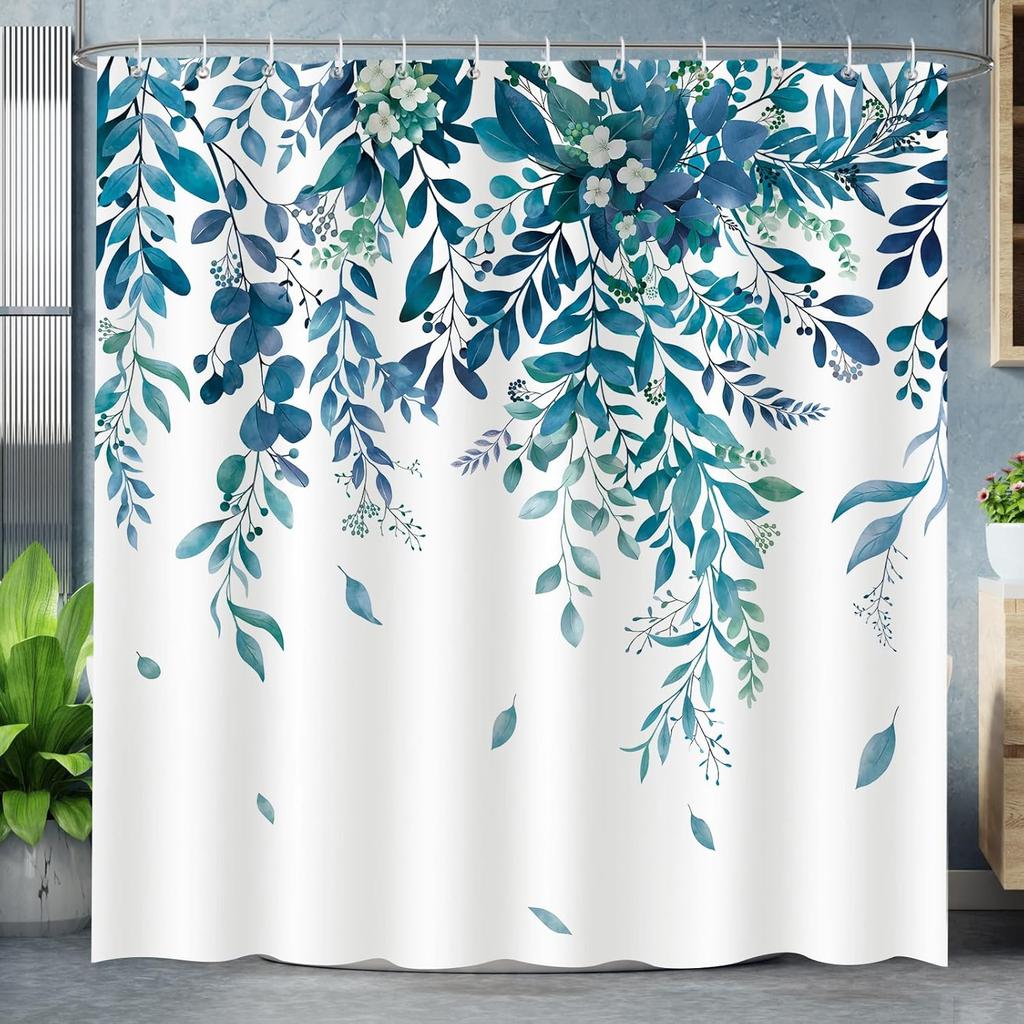 Eucalyptus Leaves Shower Curtain Teal Blue Shower Curtain Set for Bathroom Decor Botanical Plants Print for Bathroom Decor with