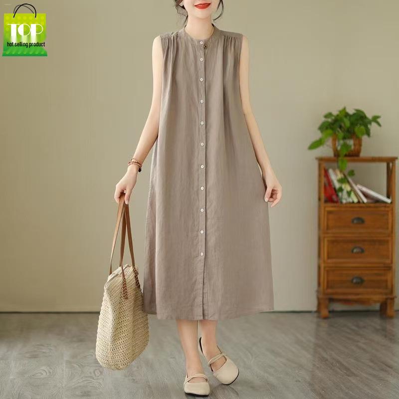 2026 New Summer Casual Sleeveless Cotton Linen Dress - Slimming, Loose Fit, Solid Color