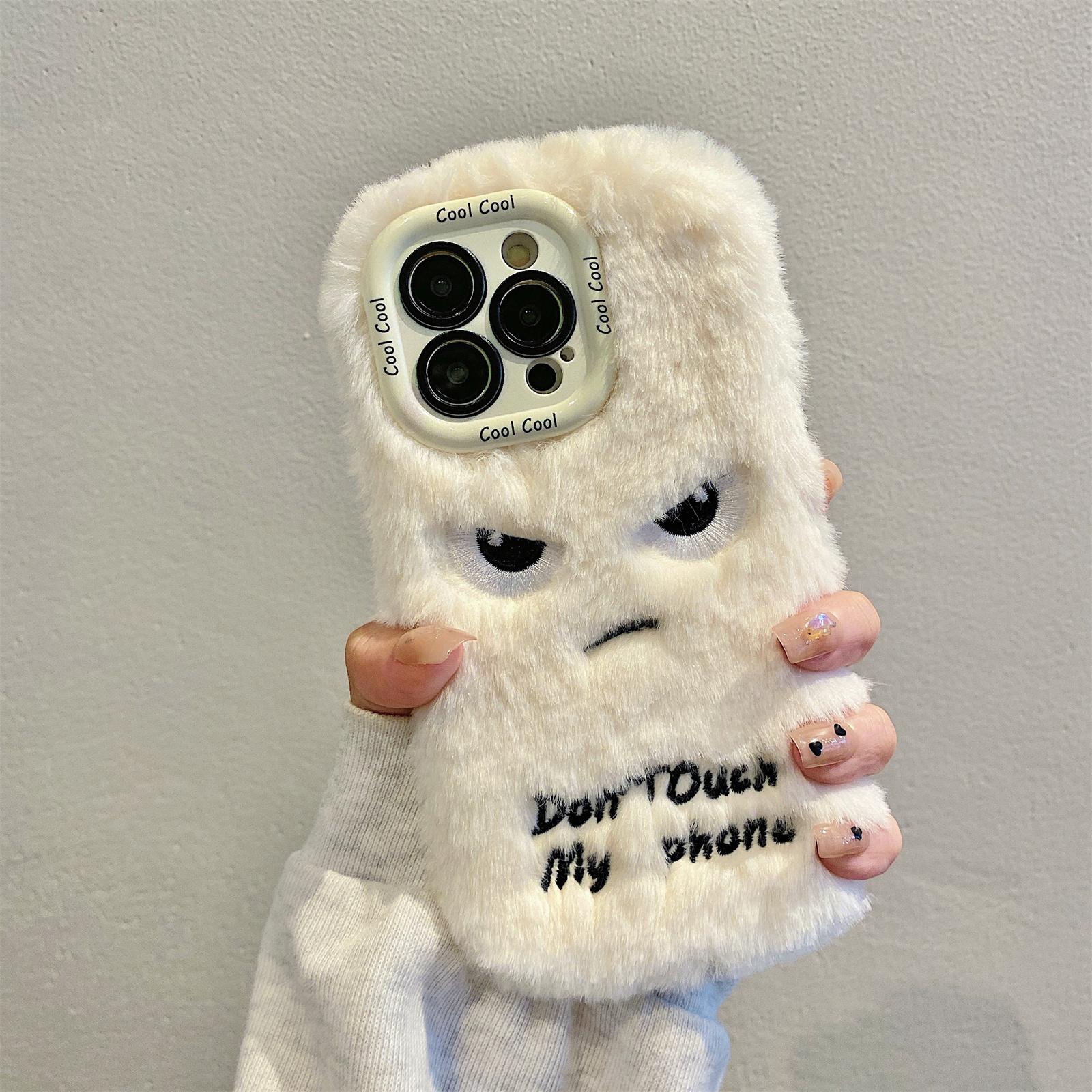 

KJS-020 Чохол для iPhone 15 Pro Max з об єктивом-підставкою та кумедним обличчям, теплий пухнастий чохол для телефону з ТПУ Pink