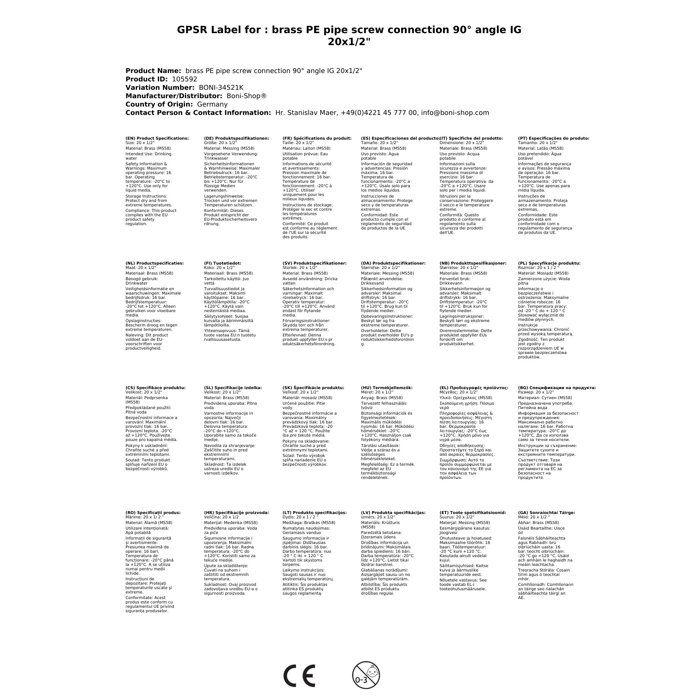 Raccord en laiton pour tuyau PE coude 90° IG 20x1/2"