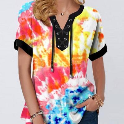 Stampa T-shirt floreale da donna Manica corta Fasciatura con scollo a V T-shirt ampia da donna Taglie forti Magliette estive Abbigliamento