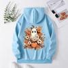 Ladies Spring Autumn Casual Hooded Long Sleeve Big Pocket Halloween Ghost Pumpkin Flower Printed Pullover Hoodies Sweatshirt Top