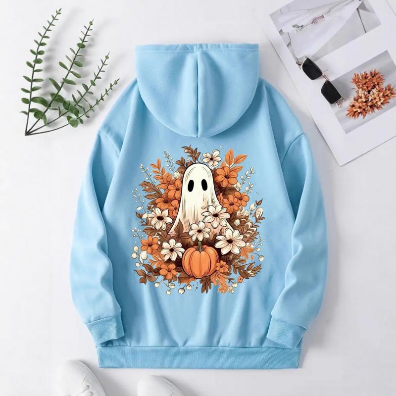Ladies Spring Autumn Casual Hooded Long Sleeve Big Pocket Halloween Ghost Pumpkin Flower Printed Pullover Hoodies Sweatshirt Top
