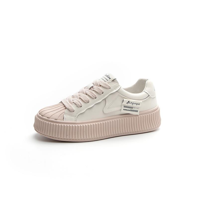 Spring new little white shoes women's leather thick-soled heightening fashion shell head board shoes lace-up casual sports shoes