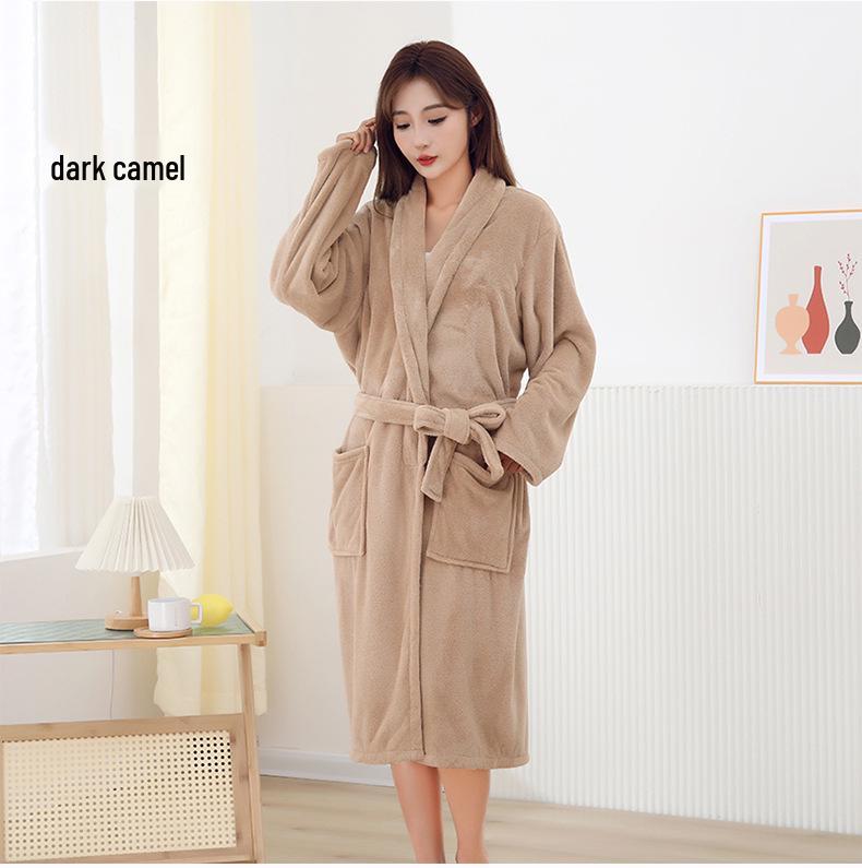Women s Mid-Length Coral Fleece Yukata: Warm Autumn  Winter Bathrobe with Lapel One Size