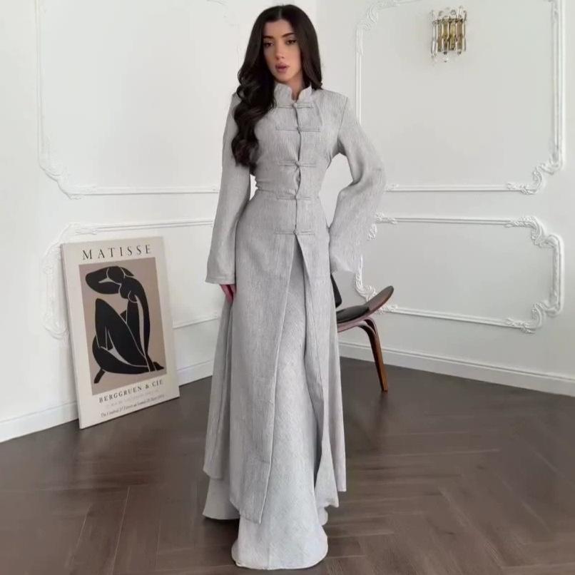  Spring and Autumn New European, American Amazon Cross-border Stand-up Collar Chinese Button Long Jacket Dress Set