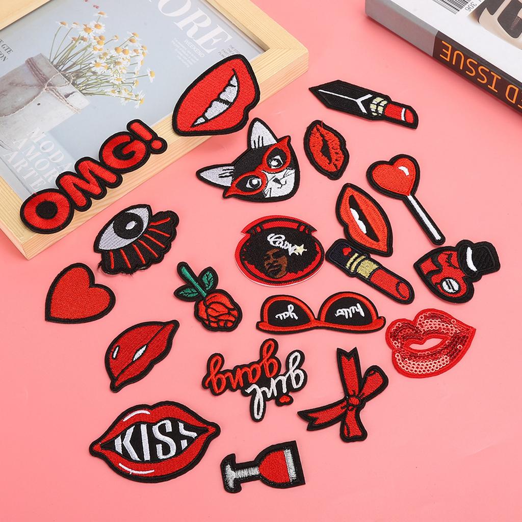 20 peças Patch Padrão Lábios Decorativo Batom Adesivo para Roupa Bordado Adesivo Patch Termocolante