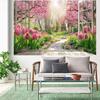 2D Romantic Pink Tulip Garden Window Photography Background Cloth