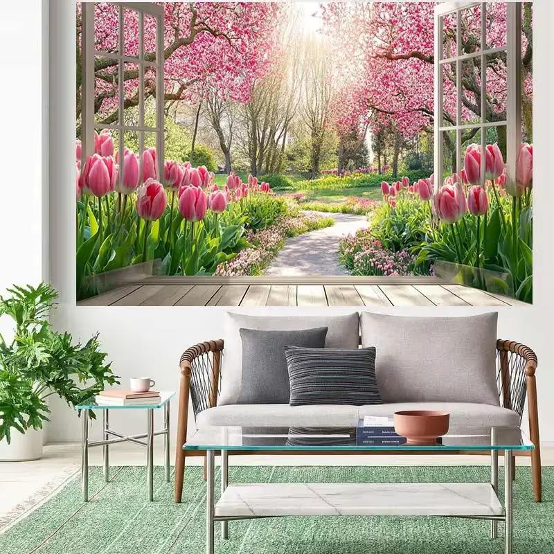 2D Romantic Pink Tulip Garden Window Photography Background Cloth