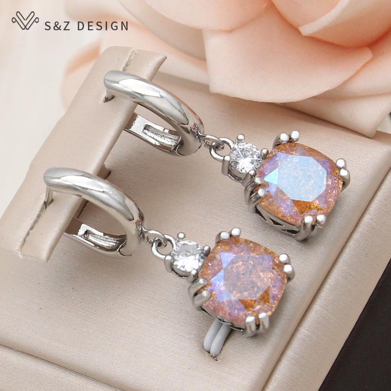 Mode Maillard automne hiver Orange carré cristal ensembles de bijoux pour les femmes couleur or Rose boucles d'oreilles