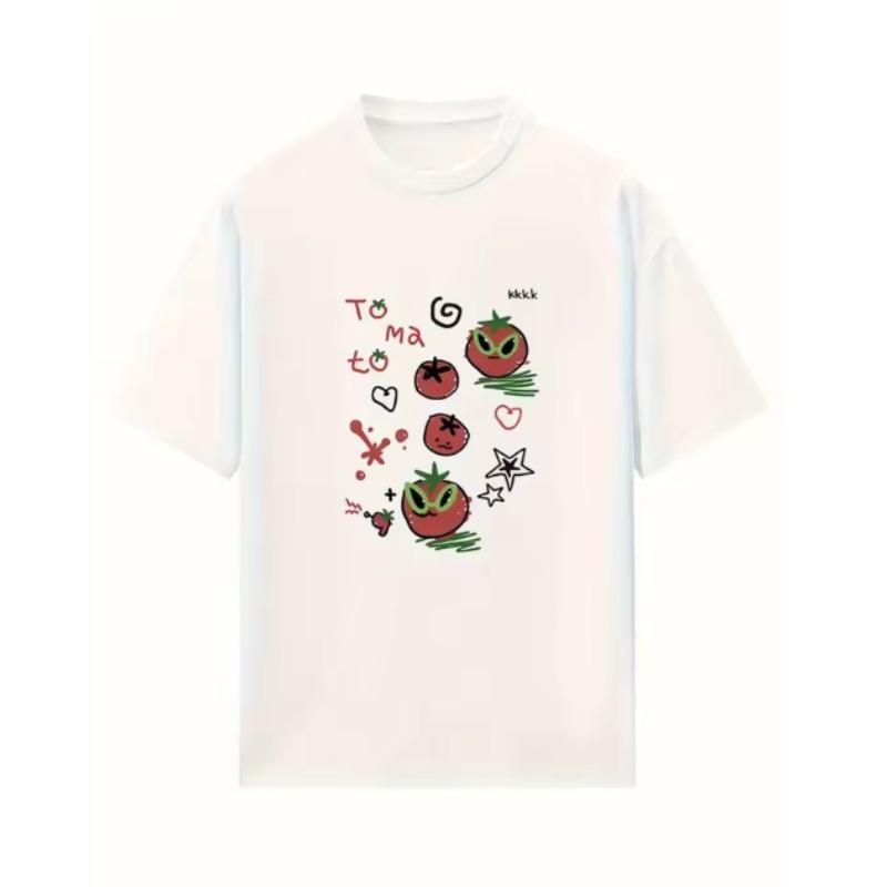 

Korean Style Cool and Cute Tomato Print Gril TShirt Loose Versatile Retro ONeck Short Sleeve 2025 Summer New Female Casual Top 4XL