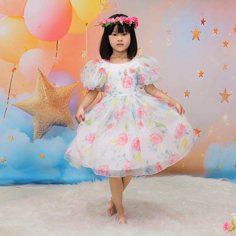 Girls' Formal Puff Sleeve Princess Dress - Floral Mesh Flower Girl Wedding Dress 2025