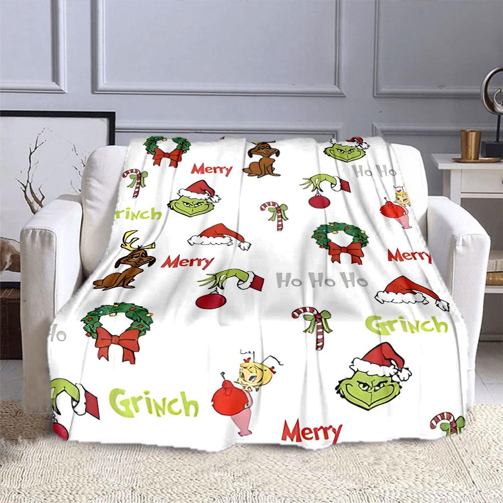 Christmas Grinch and Holiday Icons Design Patterned flannel blanket perfect for the bedroom living room, sofa, or a little nap