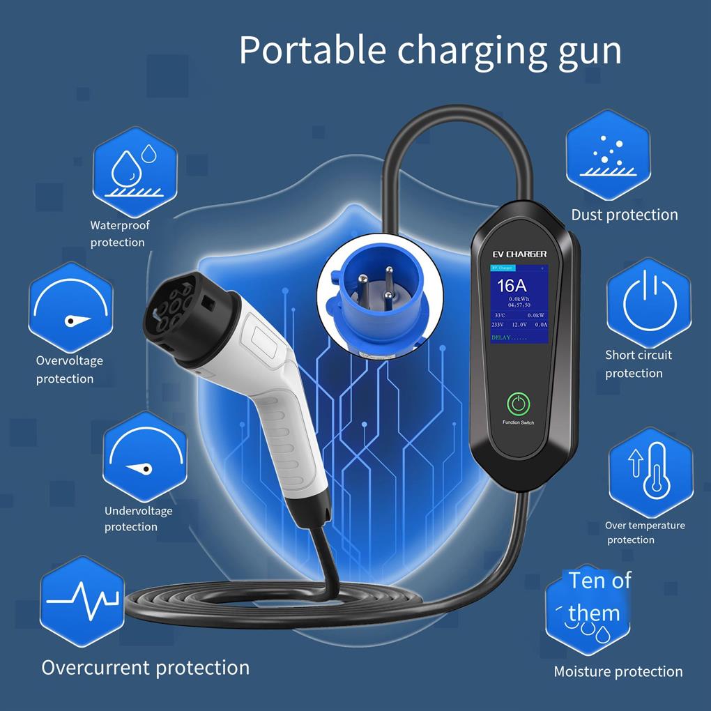 32A 7KW 5M Single-Phase 3PIN Type 2 Charging Cable CEE With LCD Display EV Charger Portable