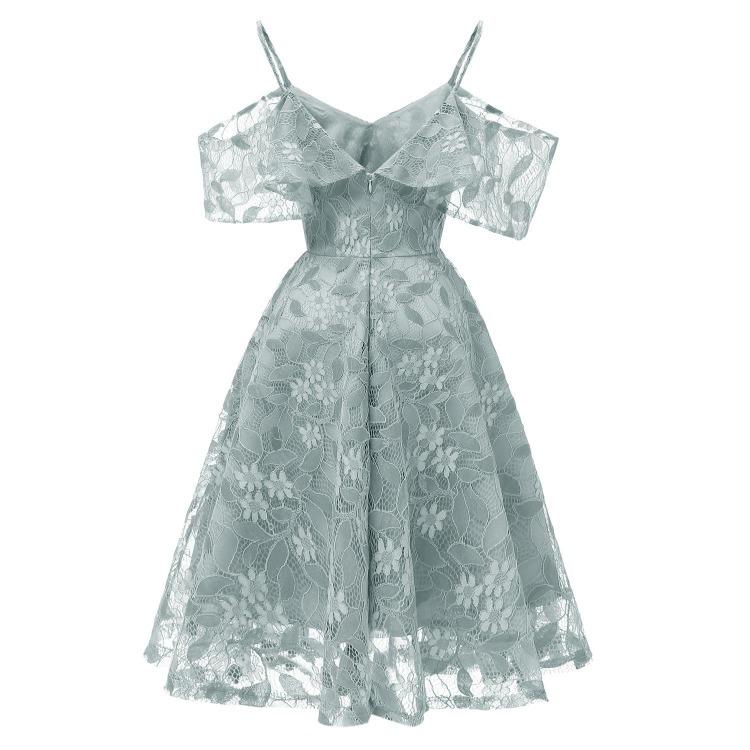 Bright Deer Women Cold Shoulder Bridesmaid Dress Floral Crochet Lace Ruffle Cami Strap Midi Dress for Wedding Evening Formal Party Cocktail Occasions