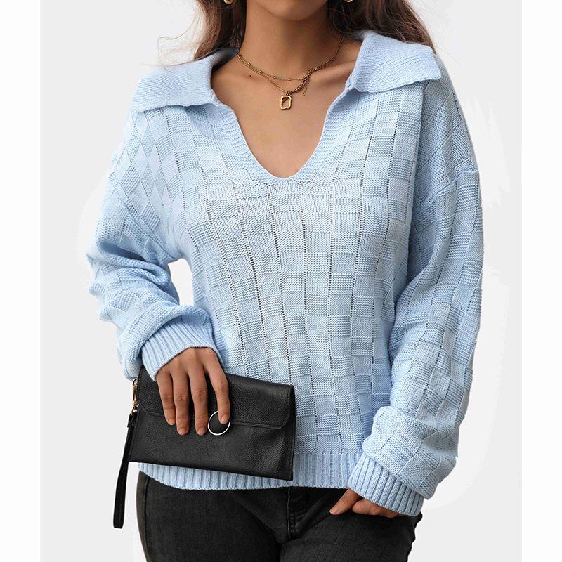 

Fashion Fall and Winter New Product Half-Open Collar Apricot Plaid Sweater Loose Long Sleeves Pullover Knitwear Bottoming Sweater Blue L