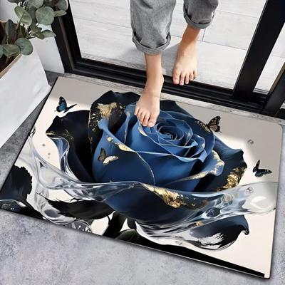 3D Rose Floor Mat Flower Pattern Non-Slip Bath Mat Realistic Rose And Butterflies Bathroom Rug for Entrance Bedroom Living Room