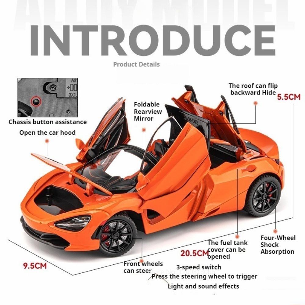 1:24 720S Alloy Models Cars Diecast Toys Wheel Shock Absorption Car Toy Rubber Tires Miniature Vehicles Perfect Gifts for Kids