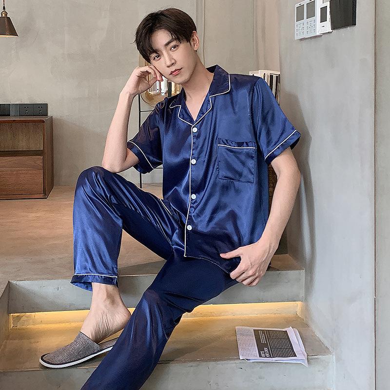GMXIA Spring and Autumn Men's Pajamas, Long Sleeves and Long Pants, Thin Ice Silk, Teen Home Wear, Silk Set, Plus-size