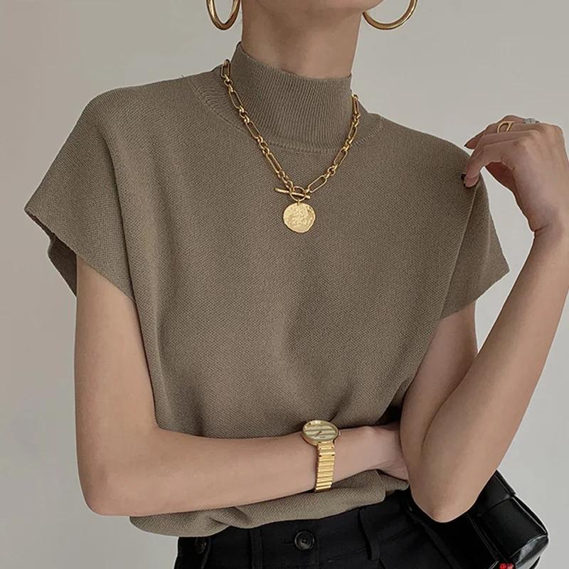 Stand-up Collar Knitted Blouse Vest Short Sleeve Solid Office Lady Casual Shirt Fashion Loose Elegant Straight Summer Tops 20397