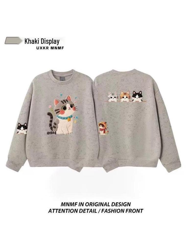 Girls' Tie-Dye Crewneck Sweatshirt with Cartoon Cat - Fleece-Lined for Spring and Autumn 2025, Medium & Large Sizes