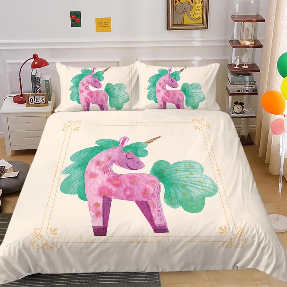 2023 Neuer Stil Bettwäsche-Set 3D Einhorn-Druck Bettdecke Bettzeug Zuhause Dreiteilig Warm Polyester Kissenbezug Bettbezug